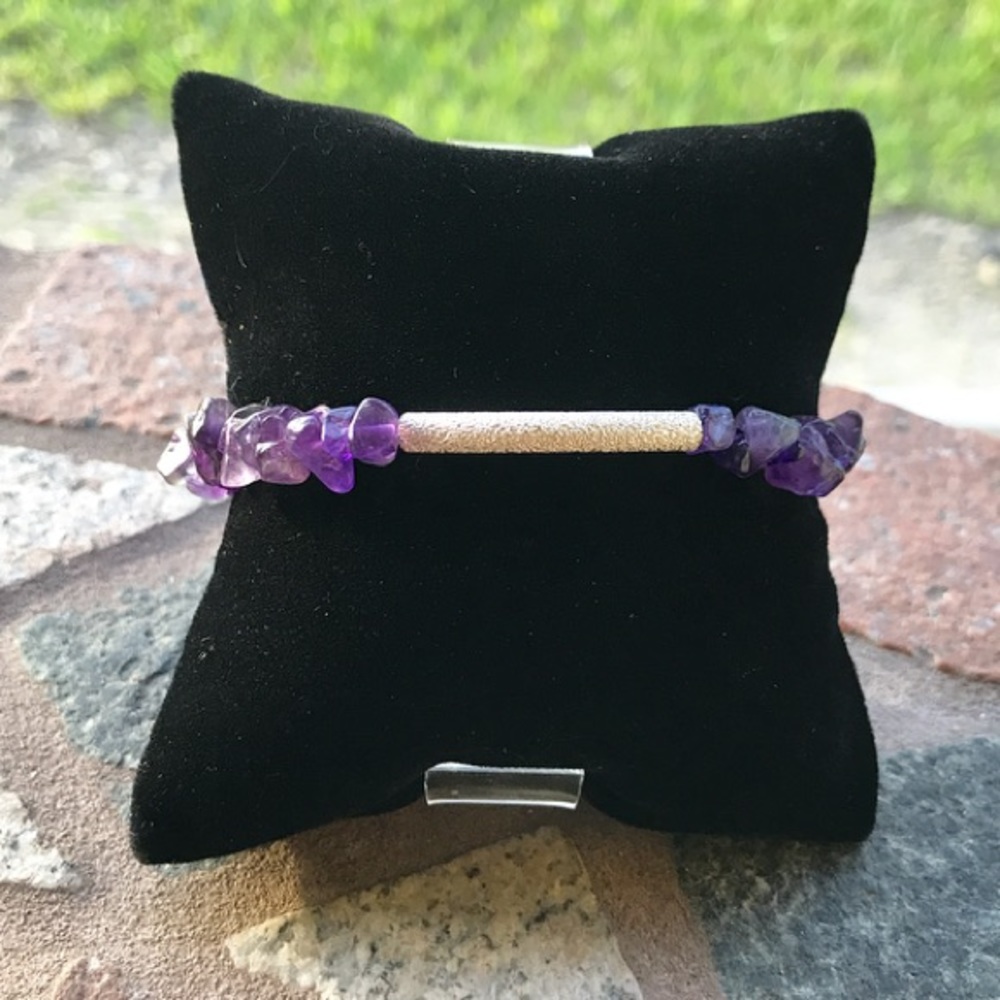 amethyst gem chips silver bar bracelet - Picture 7 of 8